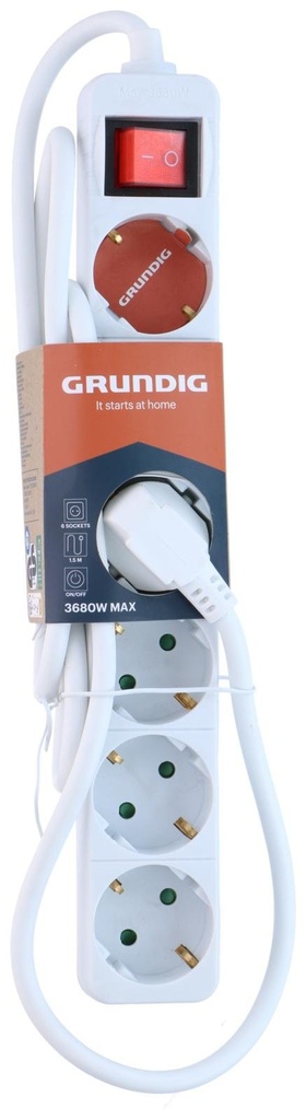 GRUNDIG 6 Way Power Socket with Switch 1.5m White