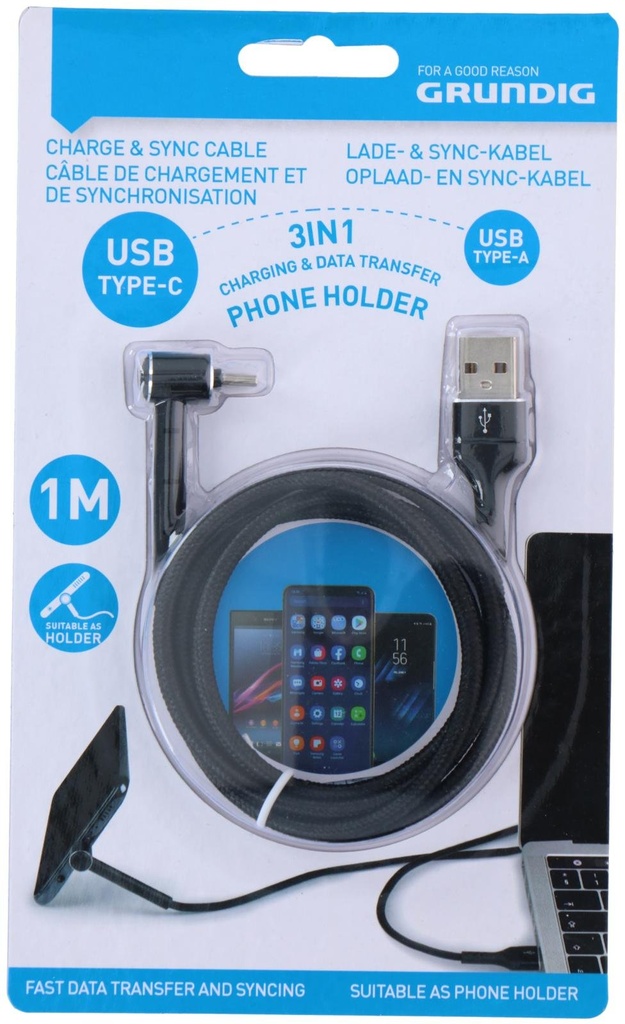 GRUNDIG USB Type-C Cable With Holder 1m Black