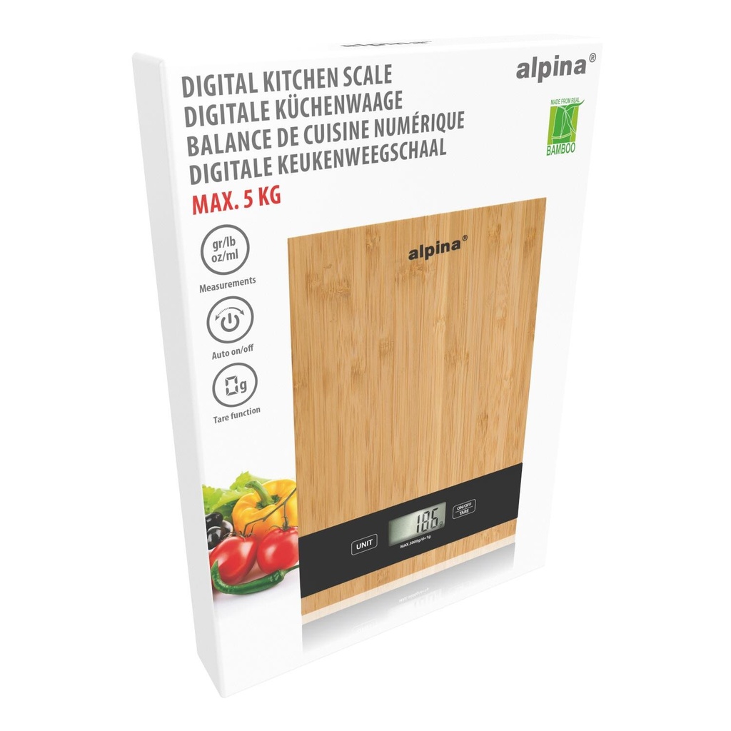 ALPINA Kitchen Scale 5kg with Bamboo Surface