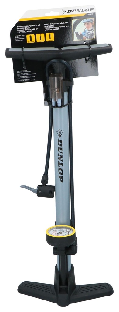 [871125257378] DUNLOP Bicycle Floor Pump with Gauge and 3 Adapters