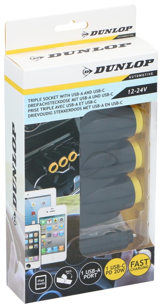 DUNLOP Socket 3 Way 12/24V USB-C 20W