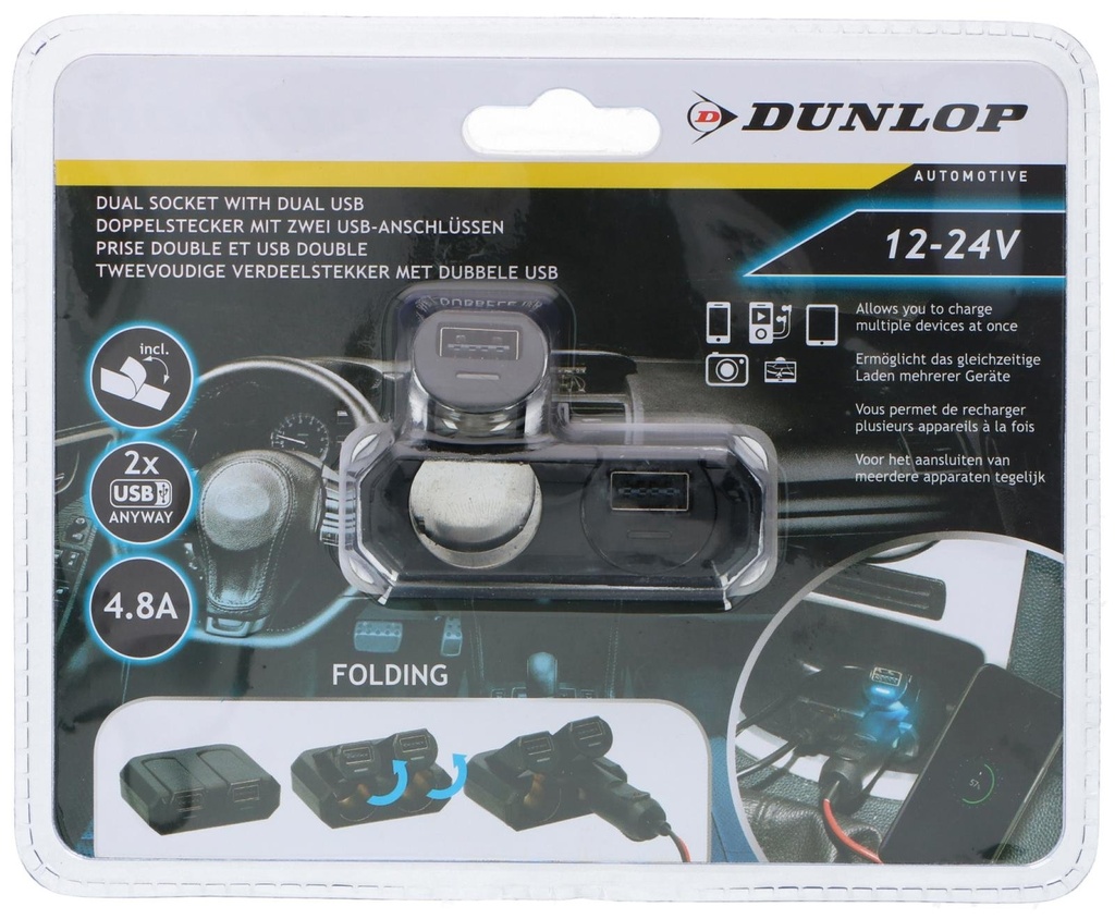 DUNLOP 4-Way Car Socket & USB 12-24V 4.8A
