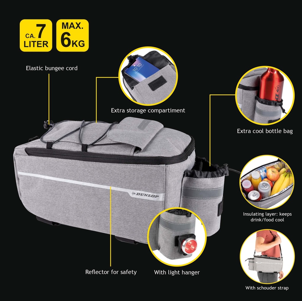 DUNLOP Bicycle Rear Carrier Bag 7L 38x15.5x16cm Grey