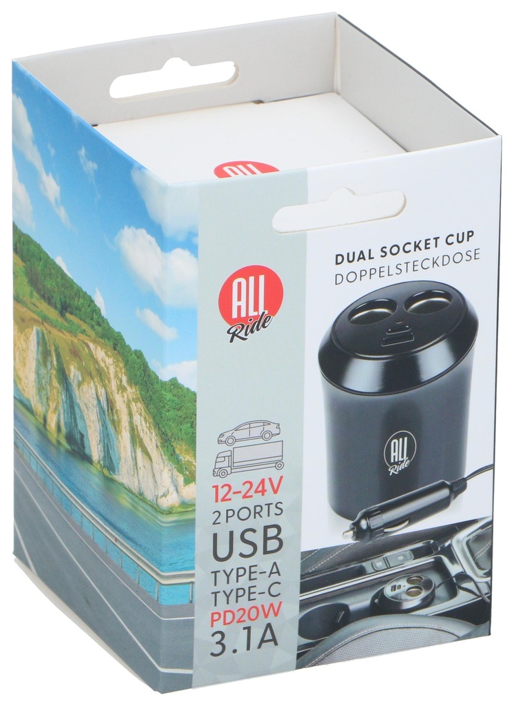 ALL RIDE Cup Socket 2-Way 12/24V with USB A+C