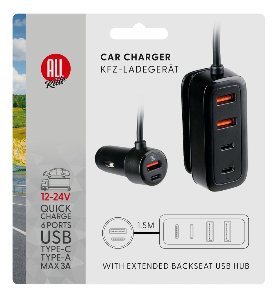 ALL RIDE Car Charger 12-24V USB A+C With Hub