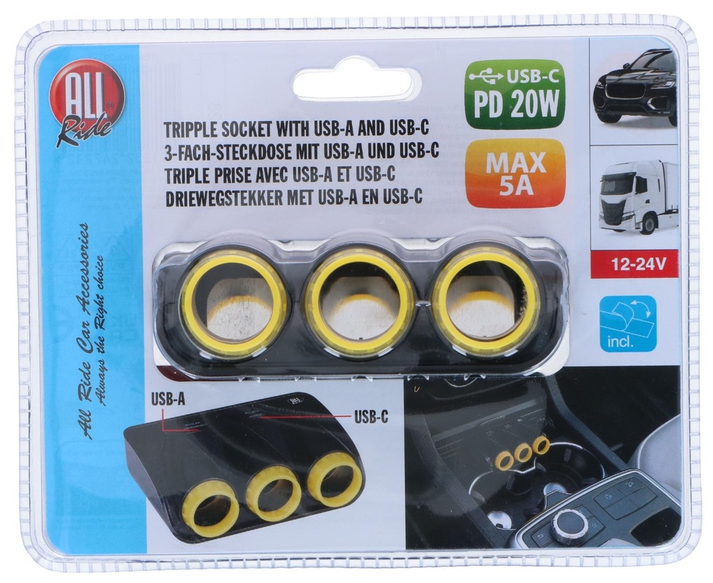 ALL RIDE Triple Car Socket 12/24V USB-C 20W