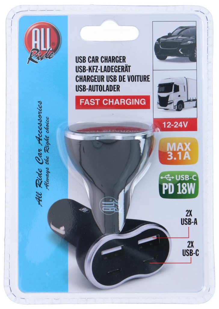 ALL RIDE Car Charger 2x USB-A and 2x USB-C 5V/4.8A PD 18W