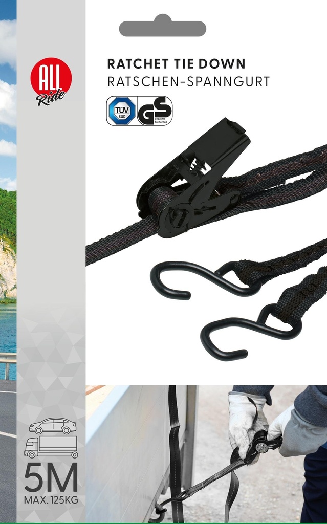 ALL RIDE Ratchet Tie Down 5m with Hooks TUV/GS