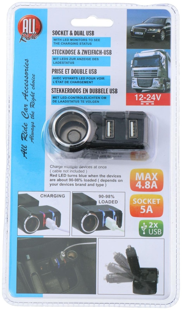 ALL RIDE Rotatable Socket with Dual USB 12/24V 4.8A