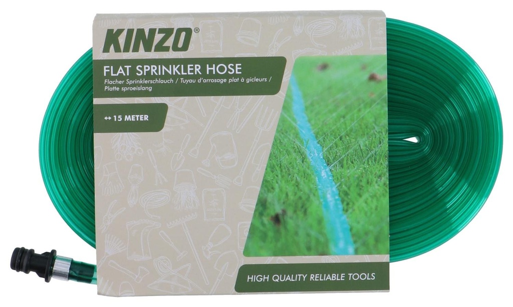 KINZO Flat Sprinkler Hose 15m with Snap-In Connector