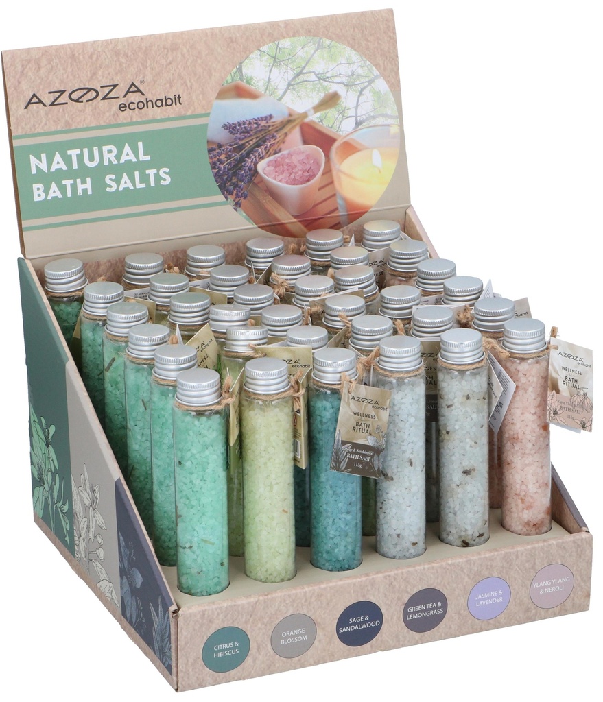 Natural bath salts display with assorted scents