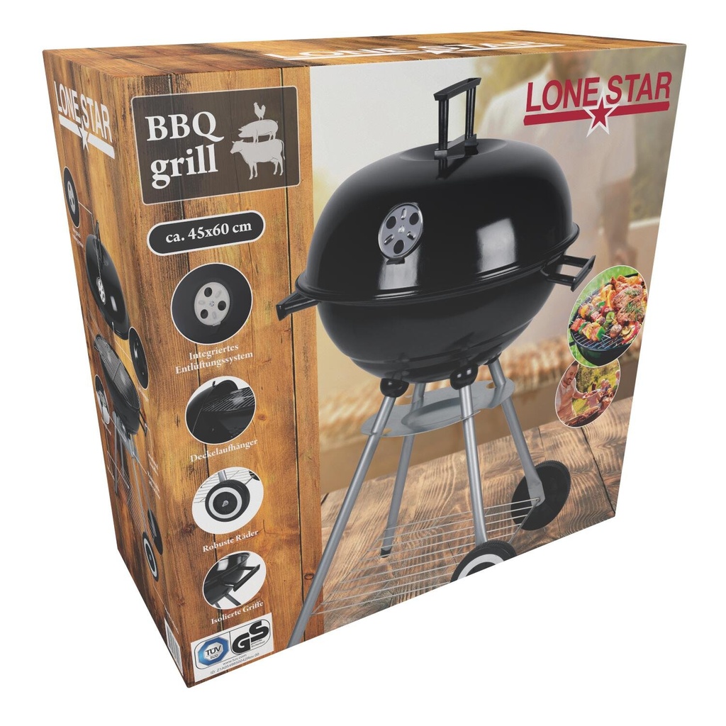LONESTAR Round BBQ Grill With Lid And Handle 45x60cm