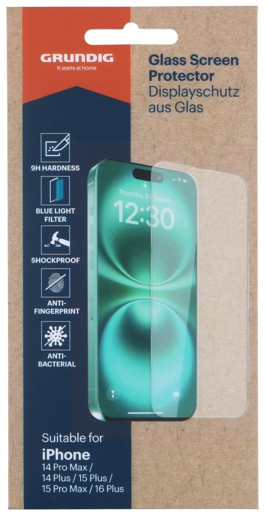 GRUNDIG Glazen Screenprotector voor iPhone 14Pro Max/14Plus/15Plus/15Pro Max/16Plus