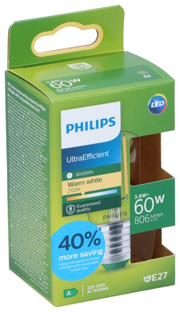 [872110305209] PHILIPS UltraEfficient LED Bulb E27 3.8W Warm White