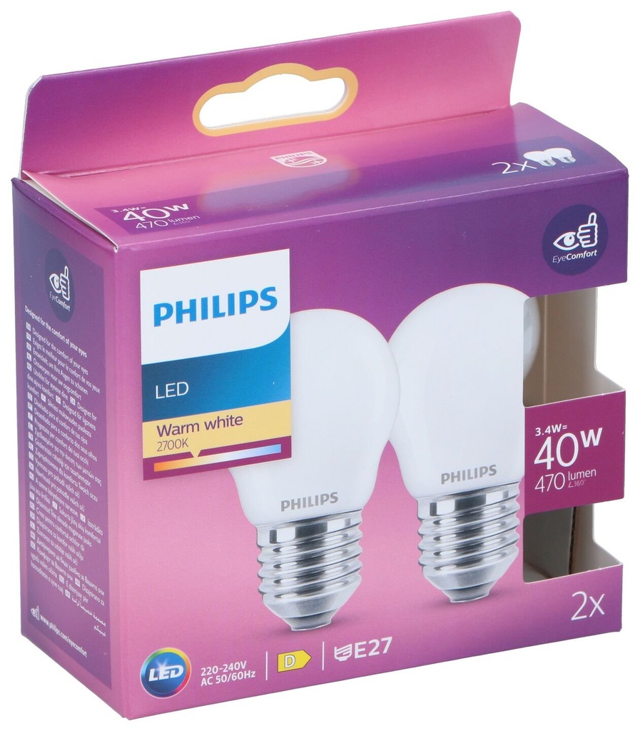 [872110305390] PHILIPS UltraEfficient LED-Lampe E27 3.4W Warmweiß 2 Stück