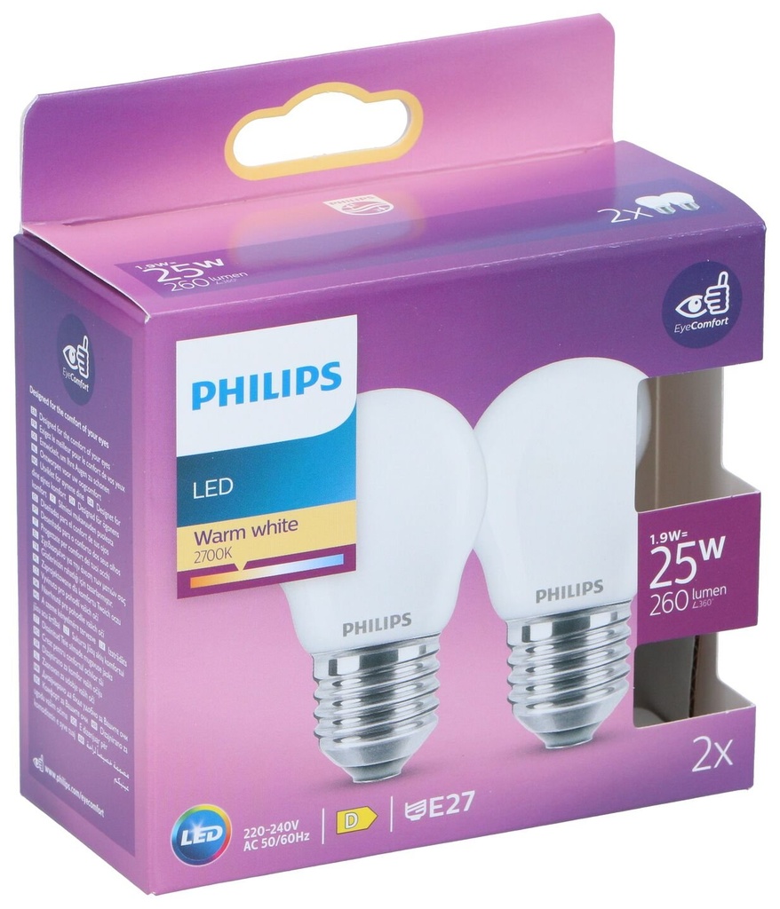 [872110305394] PHILIPS Ledlamp Warm Wit E27 1.9W 260 Lumen 2 Stuks