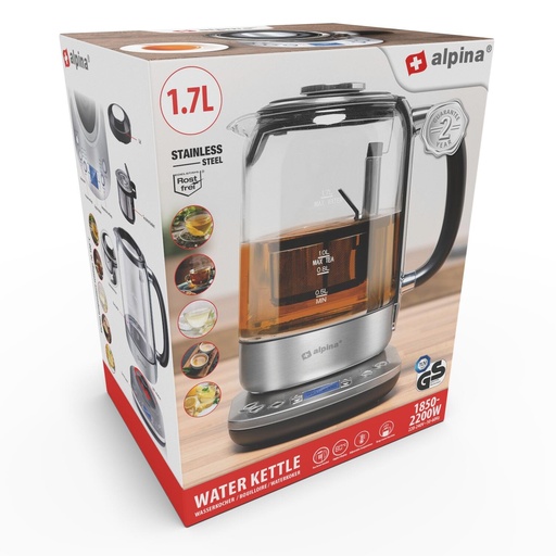 [871125247335] ALPINA Water Kettle 230V 2200W 1.7L Glass Jug
