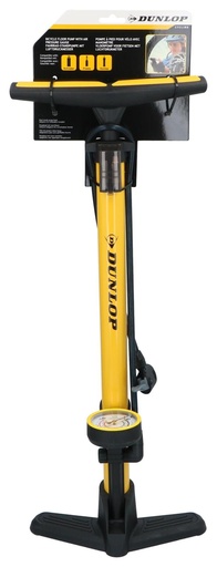 [871125225525] DUNLOP Bicycle Floor Pump with Gauge and 3 Adapters Yellow