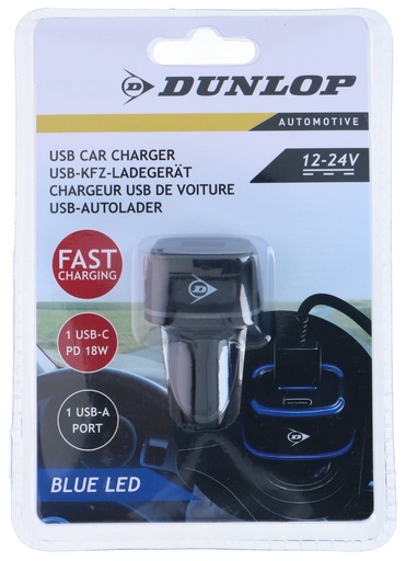 [871125224217] DUNLOP Car Charger USB A + USB C 5V/2.4A PD 18W