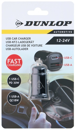 [871125230456] DUNLOP Car Charger 12-24V USB A+C QC18W PD30W