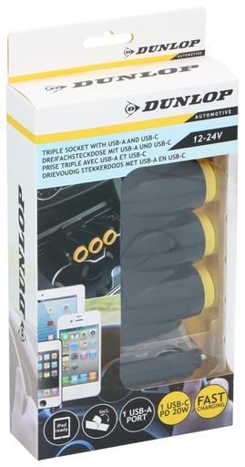 [871125224124] DUNLOP Socket 3 Way 12/24V USB-C 20W