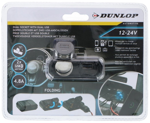 [871125216237] DUNLOP 4-Way Car Socket & USB 12-24V 4.8A