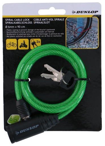 [871125208258] DUNLOP Spiral Cable Lock 6x900mm with 2 Keys