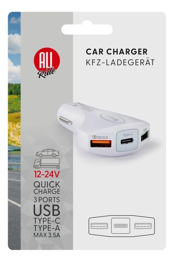 [871125226073] ALL RIDE USB Car Charger 3-in-1 Fast Charge