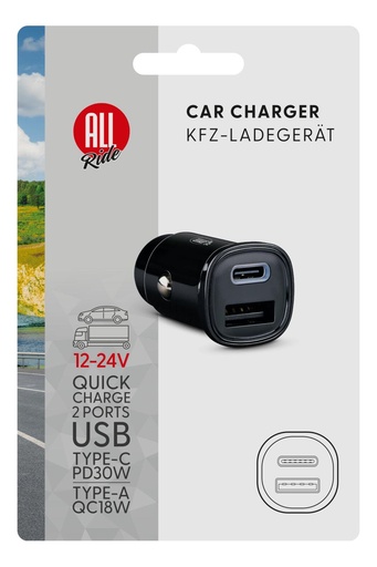 [871125230454] ALL RIDE Car Charger 12-24V USB A+C QC18W PD30W