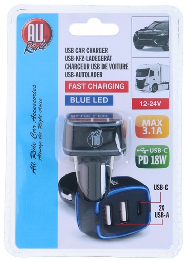 [871125224720] ALL RIDE Car Charger 2xUSB A + USB C 5V/4.8A PD 18W