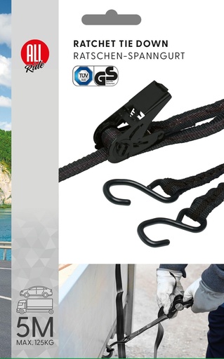 [871125242908] ALL RIDE Ratchet Tie Down 5m with Hooks TUV/GS
