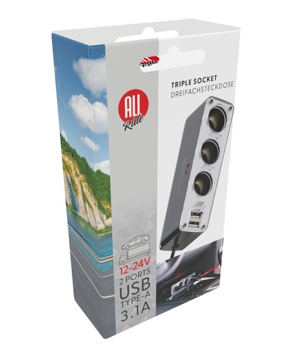 [871125242792] ALL RIDE USB Charger Dual 12/24V 3.1A with Triple Socket