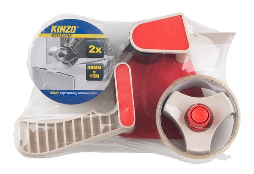 [871125249221] KINZO Tape Dispenser with 2 Tape Rolls 48mm x 15m