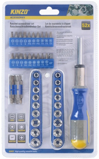 [871125216621] KINZO Ratchet Screwdriver with Bit and Socket Set