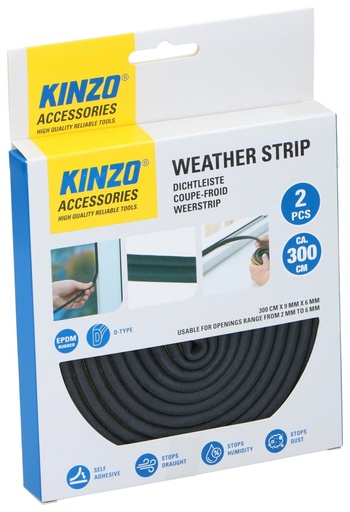 [871125249887] KINZO Weather Strip D-Shape Black 3m