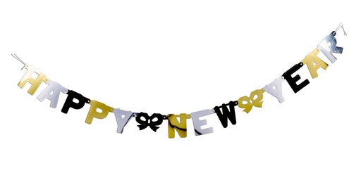 [871125258762] PARTY CASA Happy New Year Banner 150cm Silver Gold Black