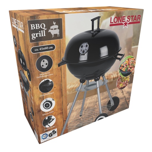 [871125247424] LONESTAR Round BBQ Grill With Lid And Handle 45x60cm