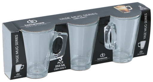 [869191390151] HOMEWARE Mugs en Verre 255ml Set 3 Pièces